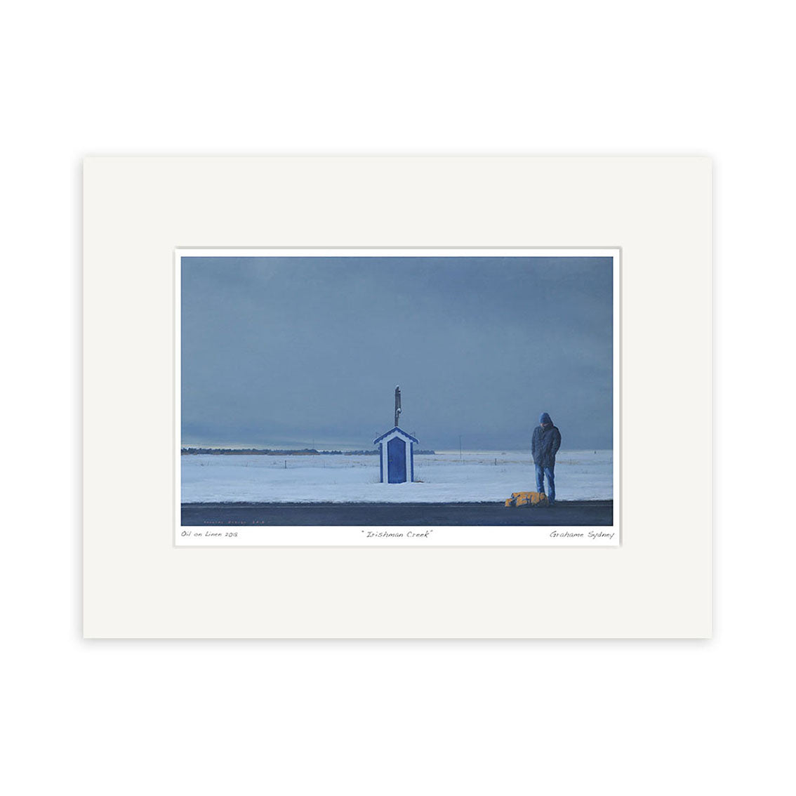 A figure in a blue hooded coat stands by a small blue and white hut on snowy ground under a gray sky, echoing the minimalist, wintry style of the Grahame Sydney - Irishman Creek Small Art Print. A yellow object rests nearby.