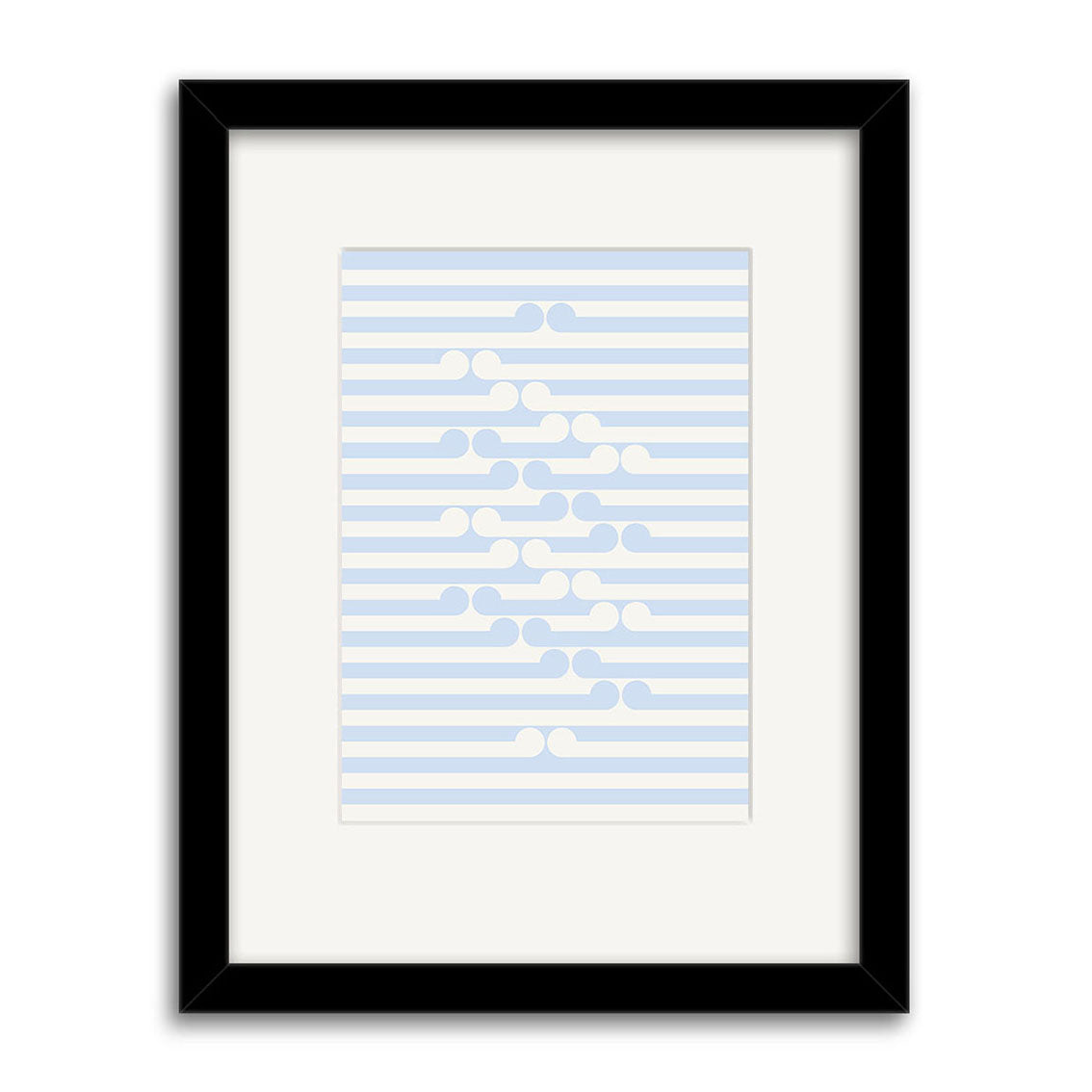 The Gordon Walters - Untitled 1972 Small Art Print features horizontal light blue and white stripes with abstract white and blue circles clustered diagonally, set in a black frame with a white mat.