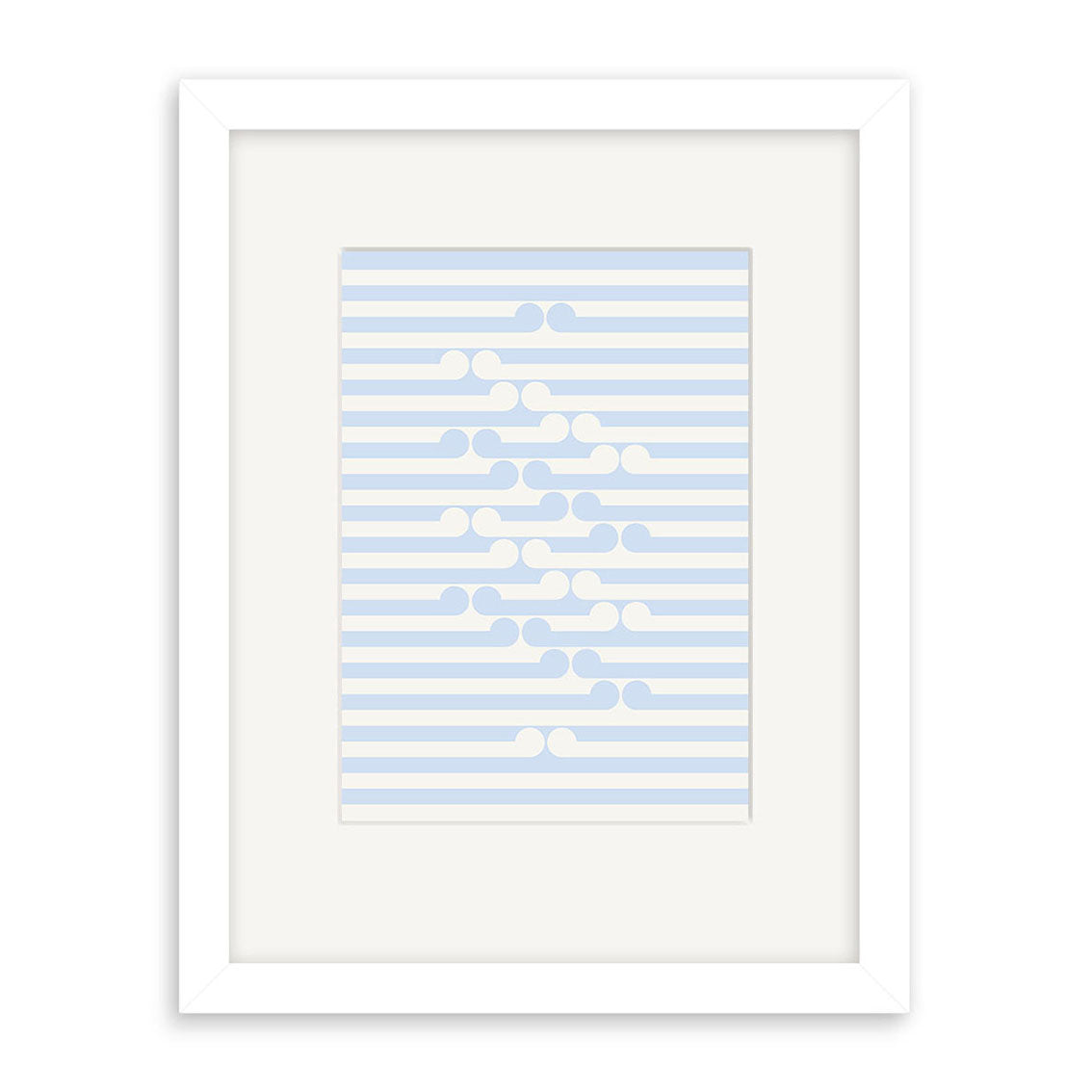 The Gordon Walters - Untitled 1972 Small Art Print features a pattern of horizontal light blue and white stripes with scattered, rounded cloud-like shapes—a unique piece inspired by New Zealand artist prints.