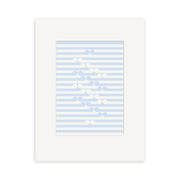 A white frame surrounds the Gordon Walters - Untitled 1972 Small Art Print, featuring abstract blue and white semicircles clustered diagonally over horizontal stripes, reminiscent of Walters’ iconic style.