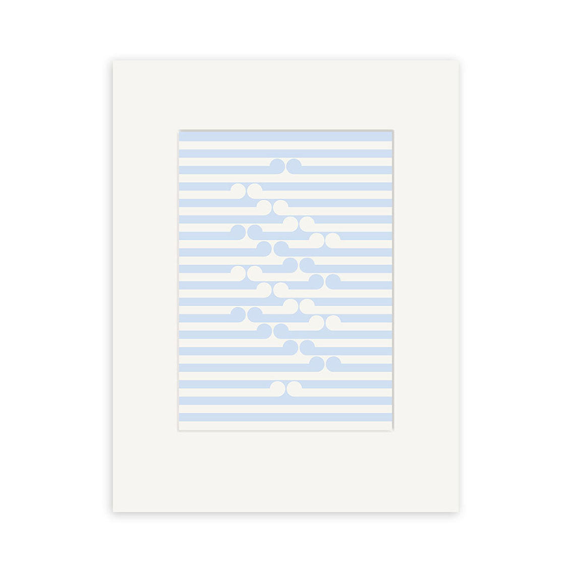A white frame surrounds the Gordon Walters - Untitled 1972 Small Art Print, featuring abstract blue and white semicircles clustered diagonally over horizontal stripes, reminiscent of Walters’ iconic style.