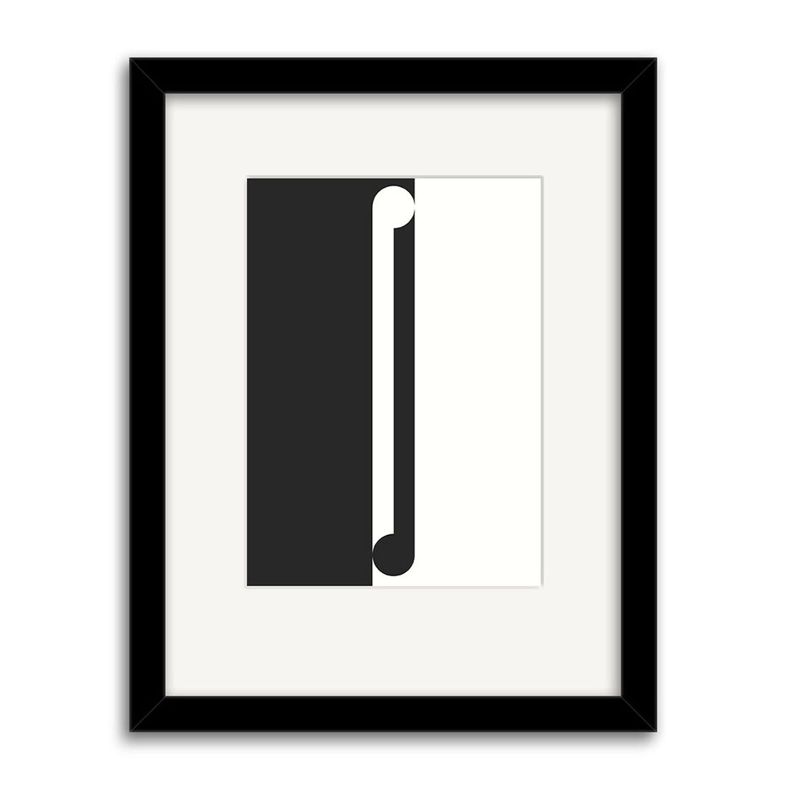The Gordon Walters - Maho Small Art Print showcases a black and white vertical split with opposing semicircles, reflecting the iconic abstract style of New Zealand artist Walters—ideal for fans of minimalist geometric art.