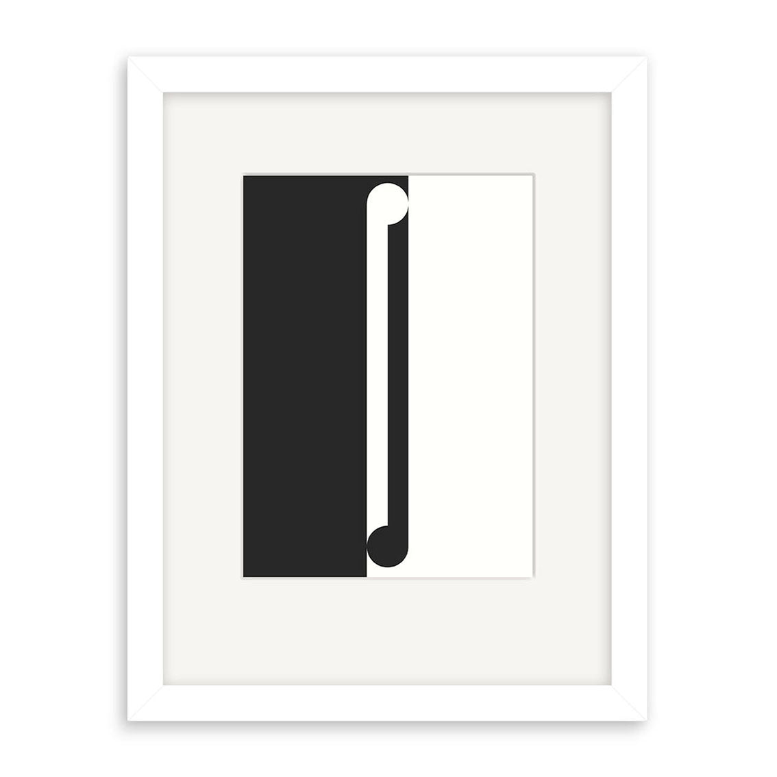 The Gordon Walters - Maho Small Art Print features minimalist black and white vertical halves with curved accents, inspired by New Zealand artist Gordon Walters. Presented in a white frame with a wide mat, it’s perfect for any art print collection.