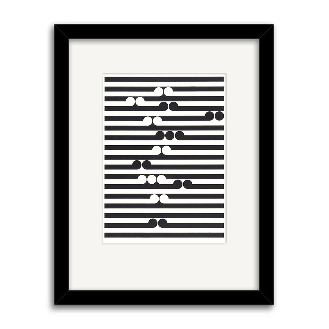 The Gordon Walters - Tama Small Art Print features horizontal black stripes on a white background, interrupted by geometric black and white dots and shapes, inspired by the renowned New Zealand artists signature style.
