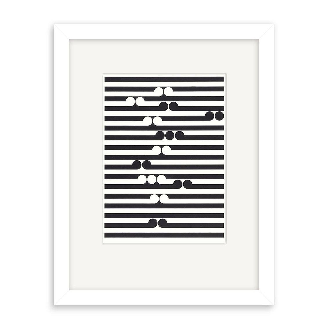 The Gordon Walters - Tama Small Art Print features black horizontal stripes, abstract white dots, and shapes in a symmetrical pattern. A wide mat and white frame enhance this striking piece inspired by the New Zealand artist.