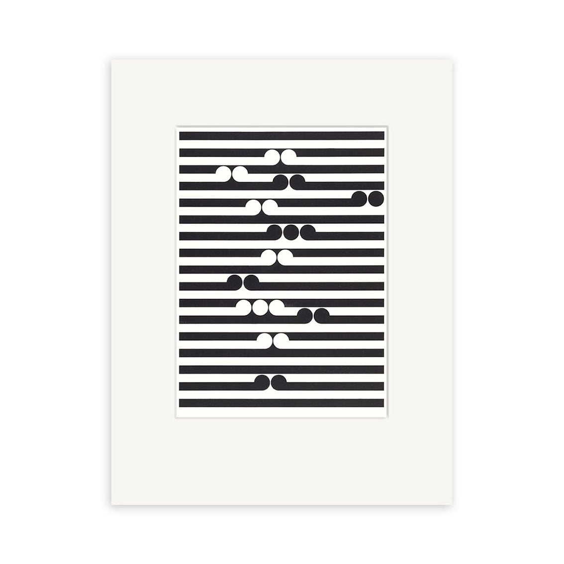 Black horizontal lines and dots form a geometric pattern on a white background in the Gordon Walters - Tama Small Art Print, echoing the style of the New Zealand artist. The artwork is centered within a wide white mat.