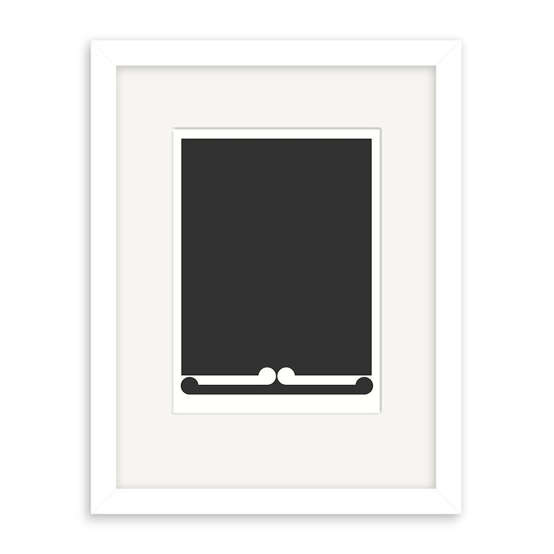 The Gordon Walters - Untitled 1973 Small Art Print features a minimalist rectangular black design with a white line and dots, inspired by the New Zealand artist, and is shown in a white mat and frame.