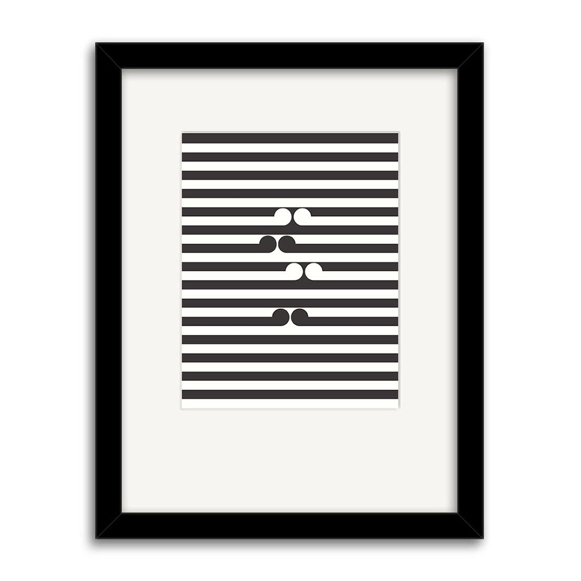 The Gordon Walters - Untitled-No.1 Small Art Print features alternating black and white horizontal stripes with four pairs of curved shapes centered vertically, evoking the minimal, abstract style of the renowned New Zealand artist.