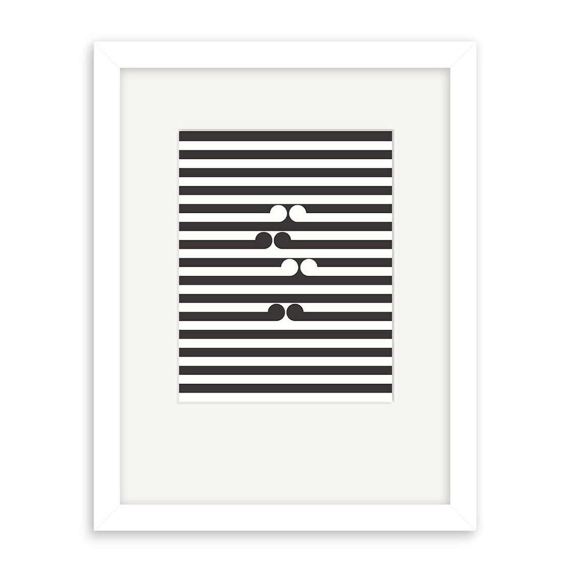 The Gordon Walters - Untitled-No.1 Small Art Print features horizontal black and white stripes with four stylized mustaches—two black, two white—placed at varying positions, inspired by New Zealand art.
