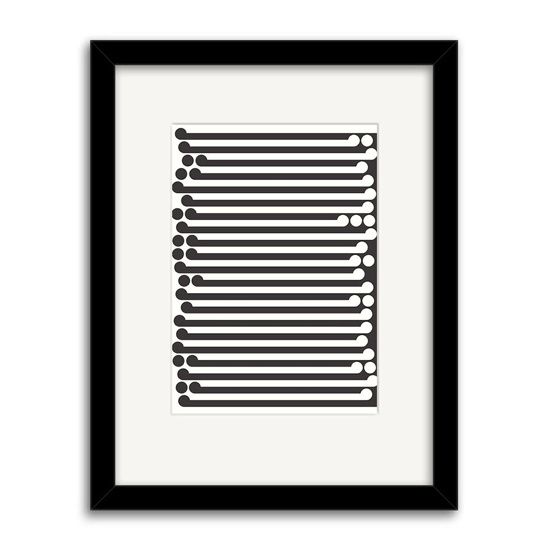 The Gordon Walters - Black on White Small Art Print features black horizontal lines with rounded ends, stacked evenly on a white background, set within a white mat and thin black frame—echoing the iconic style of Gordon Walters.
