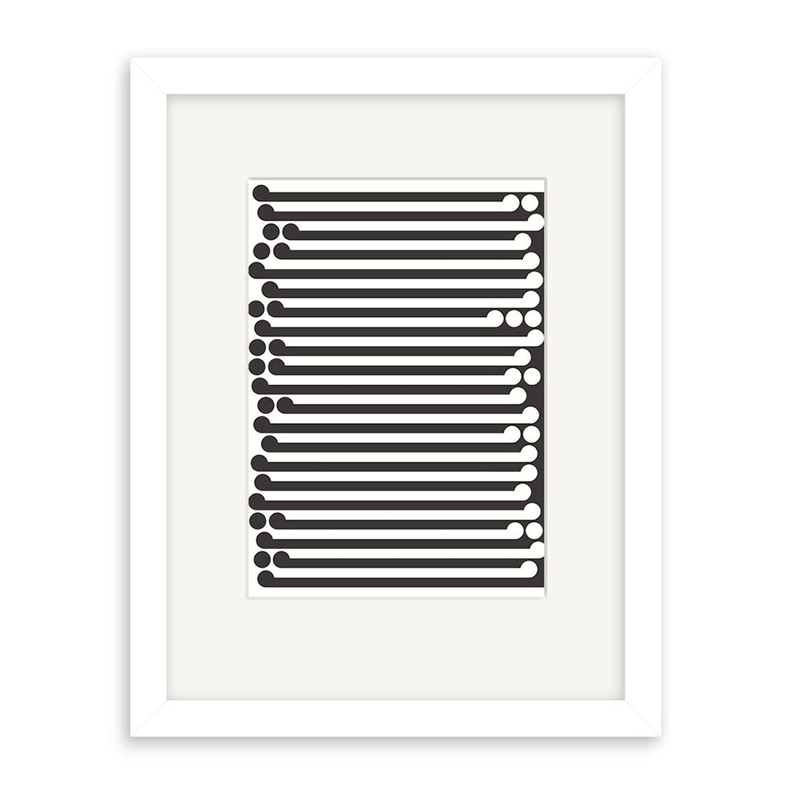 The Gordon Walters - Black on White Small Art Print features horizontal black lines ending with black circles on a white background, centered with a wide white mat and displayed in a simple white frame.