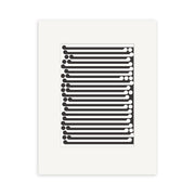 The Gordon Walters - Black on White Small Art Print features parallel black lines with rounded ends and evenly spaced black dots on a white background, all centered within a white mat frame for a minimalist look.