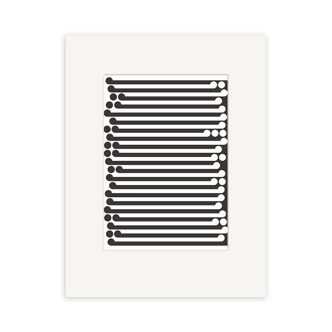 The Gordon Walters - Black on White Small Art Print features parallel black lines with rounded ends and evenly spaced black dots on a white background, all centered within a white mat frame for a minimalist look.