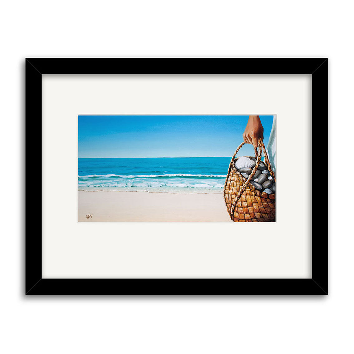 The Graham Young - Of the Sea Small Art Print features a person holding a basket of seashells on a sandy New Zealand beach, with blue waves and clear sky—an ideal unique artwork for ocean lovers.