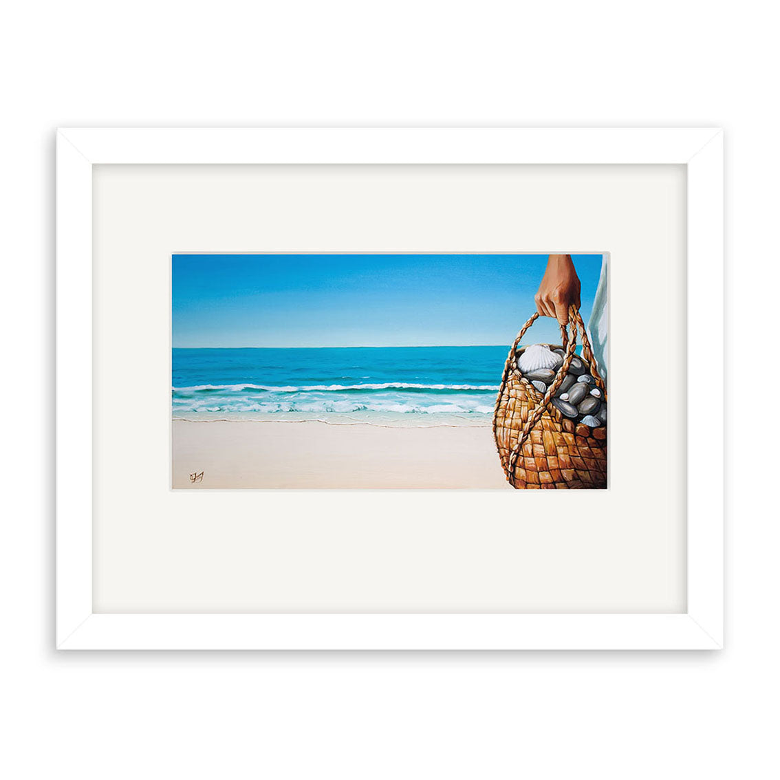 The Graham Young - Of the Sea Small Art Print features a serene sandy beach and blue ocean, with only a hand and woven basket of seashells visible in the foreground. This tranquil artwork by New Zealand artist Graham Young is also available as prints.