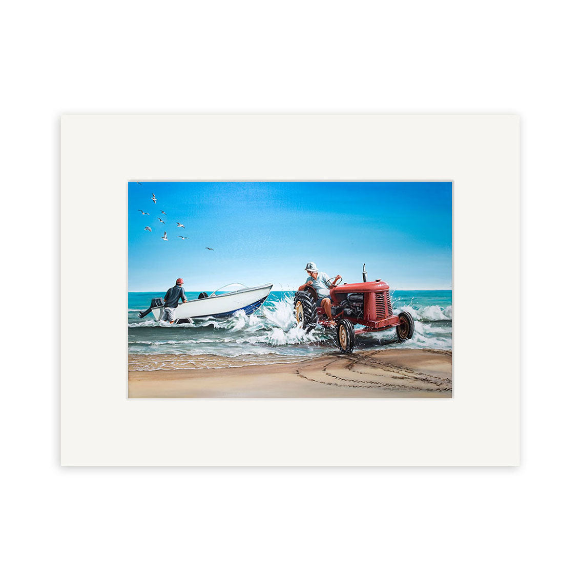 In Launching the Boat by New Zealand artist Graham Young, a red tractor pulls a white boat with a person in it onto a sandy beach beneath a clear blue sky, with seagulls overhead. Small art print.