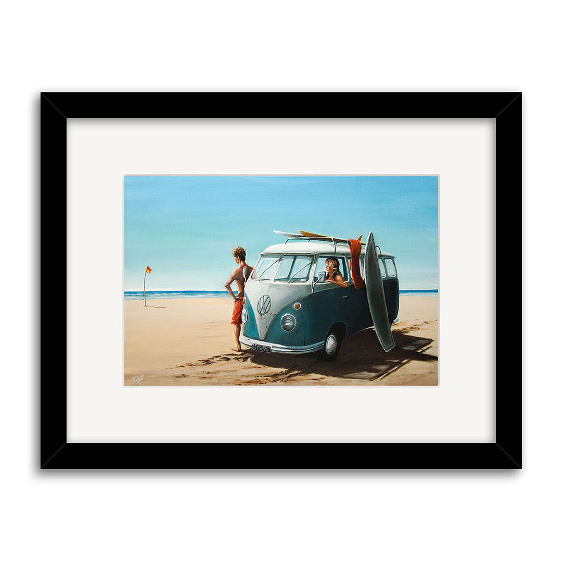 The Graham Young - Surf Wagon Small Art Print features a beach scene with two people by a vintage blue Volkswagen van and surfboard on sandy shores under a clear sky. Framed paintings and prints are available.
