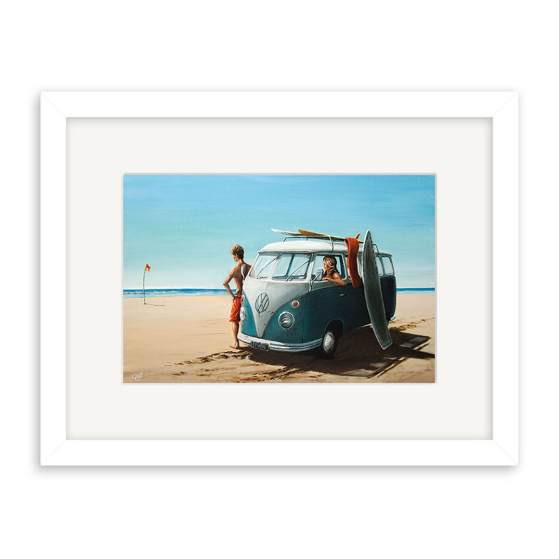 The Graham Young - Surf Wagon Small Art Print shows two people with a vintage blue Volkswagen van on a sandy beach—one outside, one inside with a surfboard—beneath a clear blue sky.