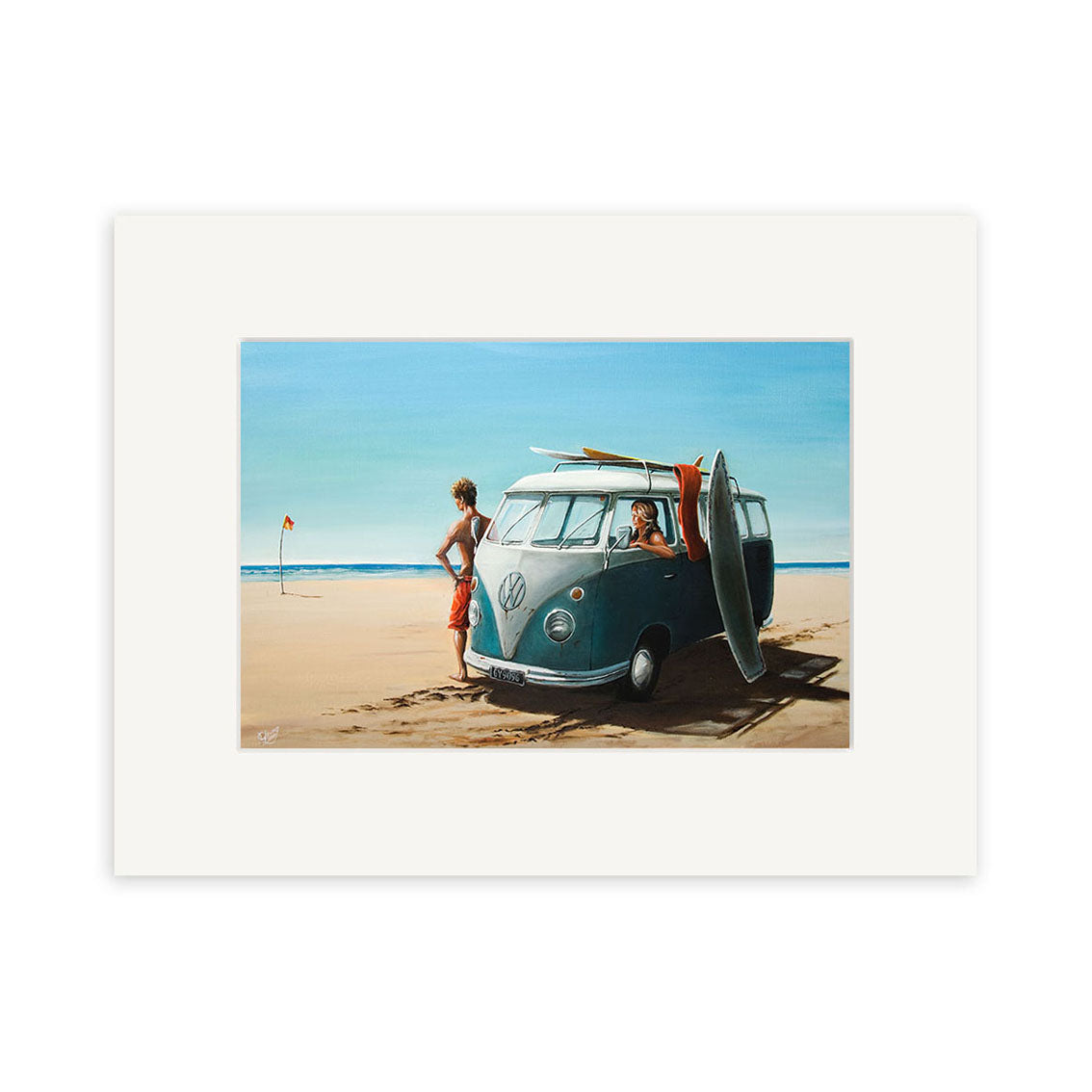 The Graham Young - Surf Wagon Small Art Print features a vintage blue Volkswagen van on a sandy beach with the ocean in the background, one person inside, another outside, and a surfboard leaning against the van. Available as art prints.