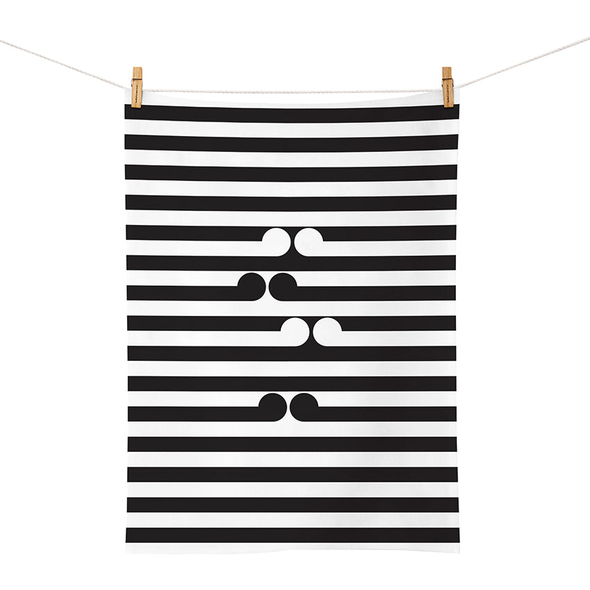 The Gordon Walters - Untitled-No.1 Tea Towel is a white rectangular cotton tea towel featuring evenly spaced horizontal black stripes and three sets of black quotation marks in the center, designed in New Zealand.