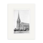 Black and white photo of Christchurch Cathedral 1880 (HI038), a large Gothic-style church with tall steeple and rose window. Horse-drawn carriages are parked in front. Historical print displayed with a wide white mat border.