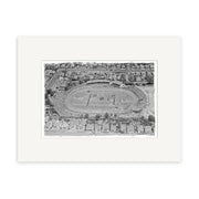 An archival-quality black-and-white aerial photo print of Eden Park 1950 (HI039), a crowded oval sports stadium in New Zealand, surrounded by houses with spectators in the stands and activity on the field.