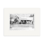 Black and white archival quality photographic print titled Cardrona 1870 - HI094, showing a group outside the All Nations Hotel in New Zealand, featuring a pitched roof, picket fence, and tree to the left; label included.