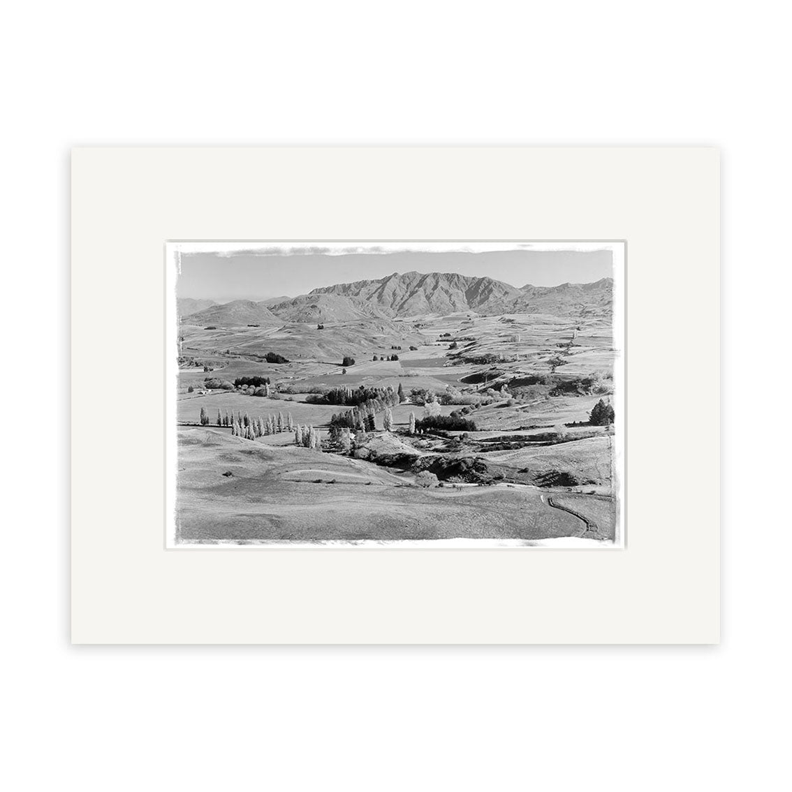 Archival black-and-white photographic print, Arrowtown District 1954 - HI111, shows a rural New Zealand landscape with rolling hills, scattered trees, and distant mountains, presented on a white mat for display quality.