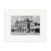 A black-and-white vintage photograph of Mayos Albion Hotel 1877 (HI125), showcasing its ornate multi-story architecture and chimneys in New Zealand, is framed with archival quality matte paper; the historic print features an empty street in front.