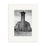 Black and white photo of First Church 1924 - HI137 with tall square bell tower, arched windows, and gabled roof. This historical photographic print on archival matte paper captures the empty brick building in timeless detail.