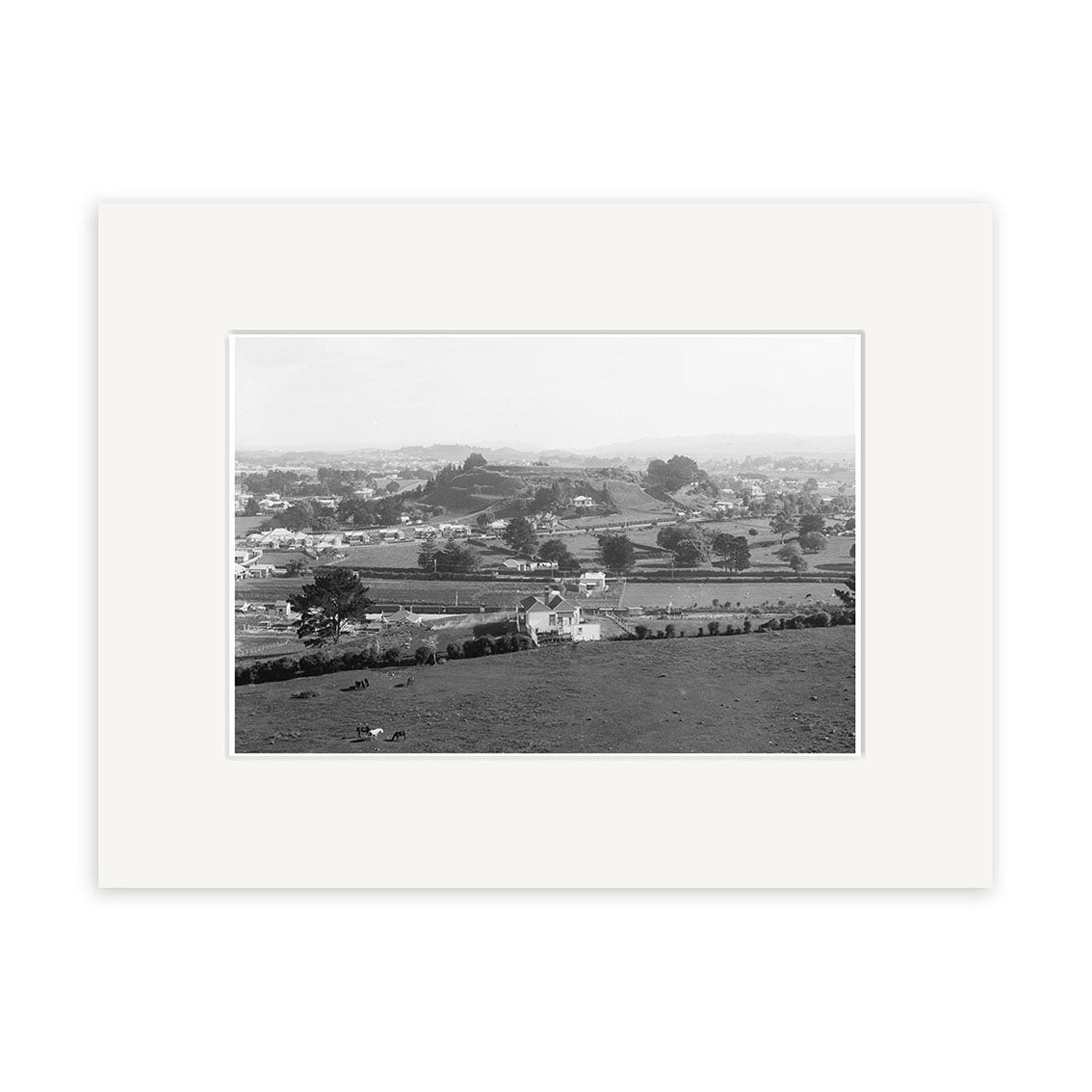 The Epsom 1909 - HI160 is a black and white archival matte print showing a rural landscape with scattered houses, open fields, roads, grazing animals in front, and distant hills and buildings.