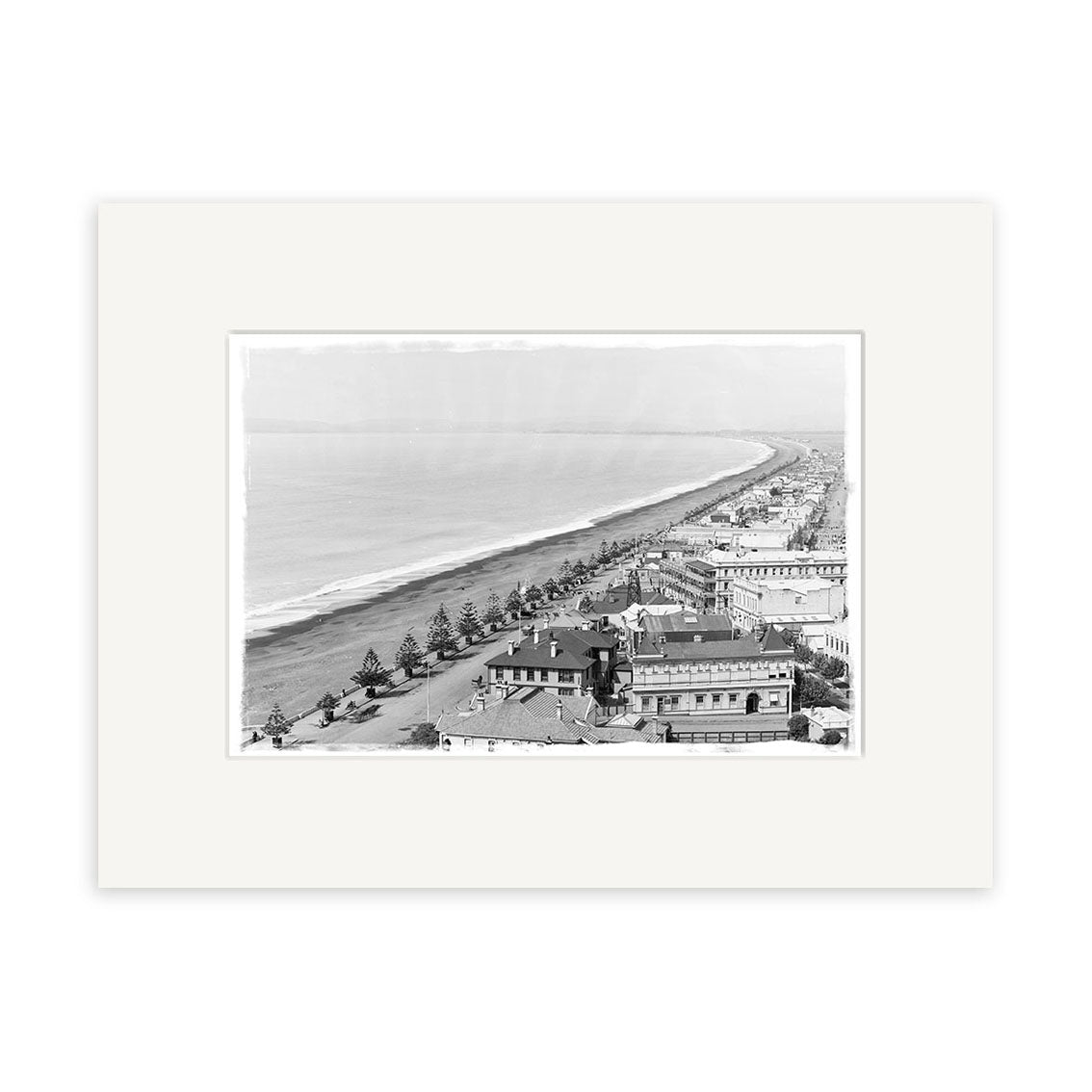 Archival quality black and white photo titled Napier 1890 - HI168, showing a coastal New Zealand city with a long beach, buildings, and a tree-lined road parallel to the shoreline, stretching into the distance.
