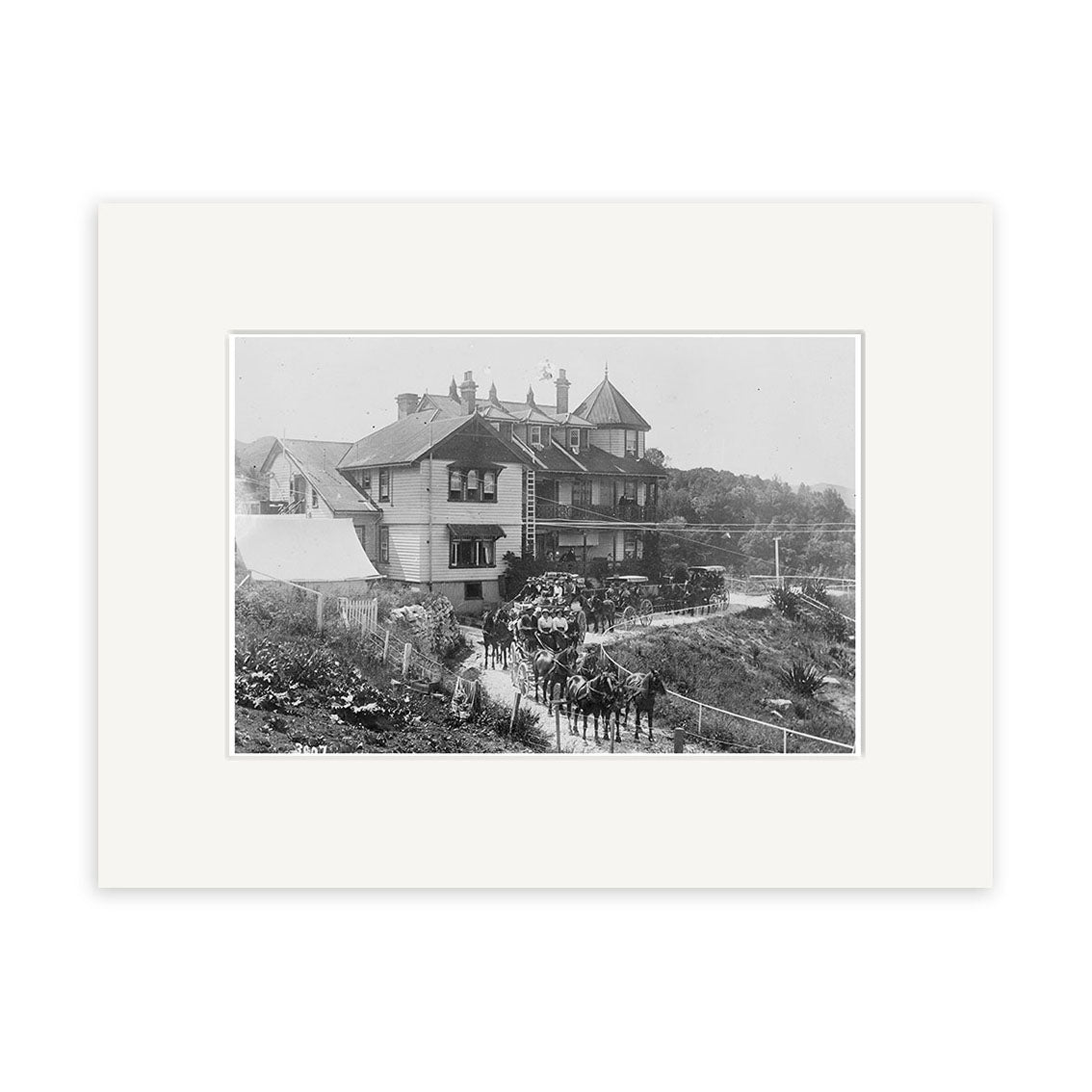 An archival-quality black-and-white photographic print titled Hotel Waitomo 1910 - HI190 shows a large Victorian-style house with a covered porch, horse-drawn carriages, people on the path, and trees and shrubs in the background.