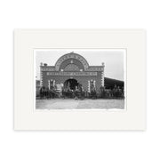Black and white historical photo titled Canterbury Carrying Company 1910 - HI204 shows people with horses and carriages outside a brick building marked Yeovil Livery & Bait Stables and Canterbury Carrying Co.