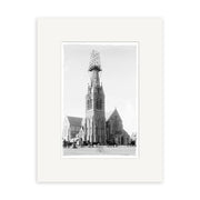 The “Cathedral Square 1903 - HI209” print shows a large Gothic-style church with a central tower under scaffolding in New Zealand, horse-drawn carriages in front, presented on archival-quality matte paper.