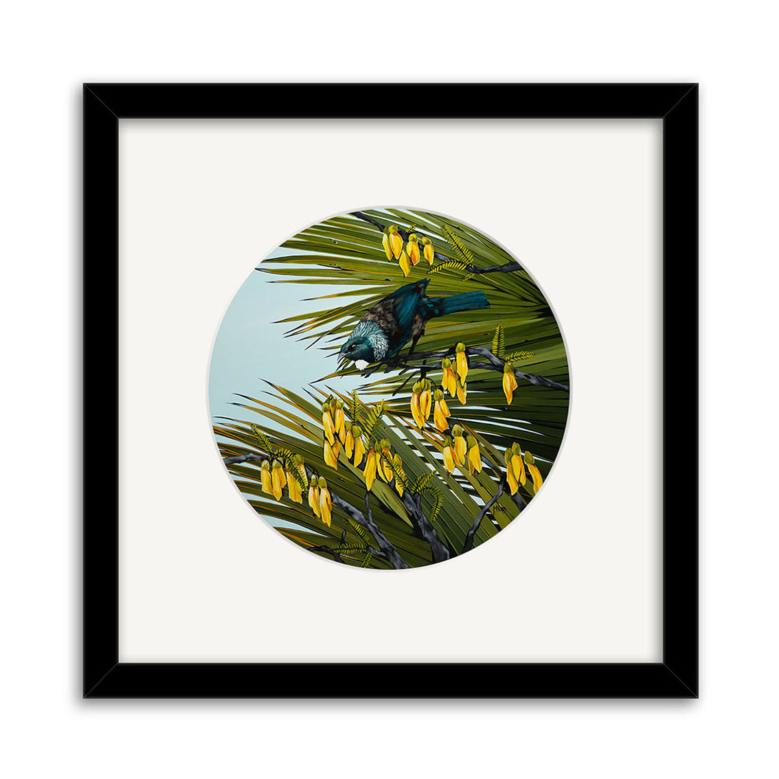The Kirsty Nixon - Spring Yellows Small Art Print features a tui bird among green leaves and yellow flowers on a light blue background. Framed with a white mat and black frame, this vibrant piece is inspired by New Zealand.