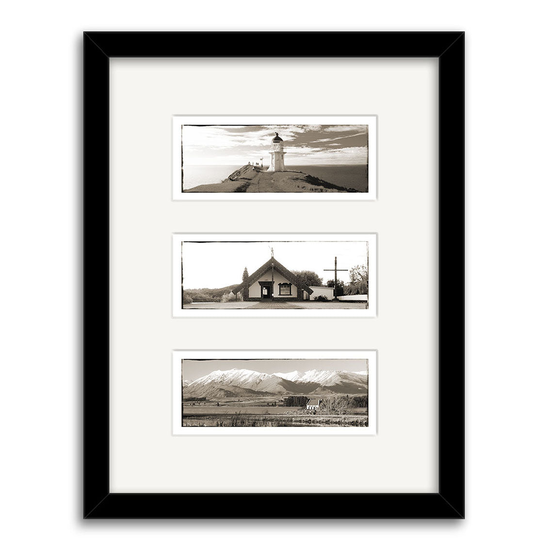 The New Zealand Triptych - RP001 features a black frame displaying three matted black-and-white photos on archival matte paper: a lighthouse on a hill, a church with a cross, and rural mountains in New Zealand.