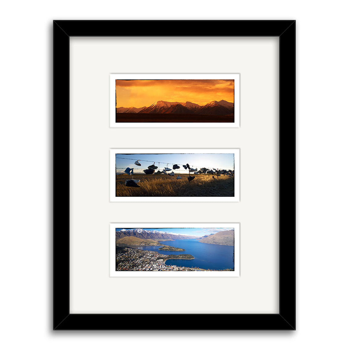 The South Island Triptych - RP073 is a black-framed, matted artwork featuring archival prints: a sunset mountain range, birds by a New Zealand lake, and an aerial view of a lake with mountains and town.