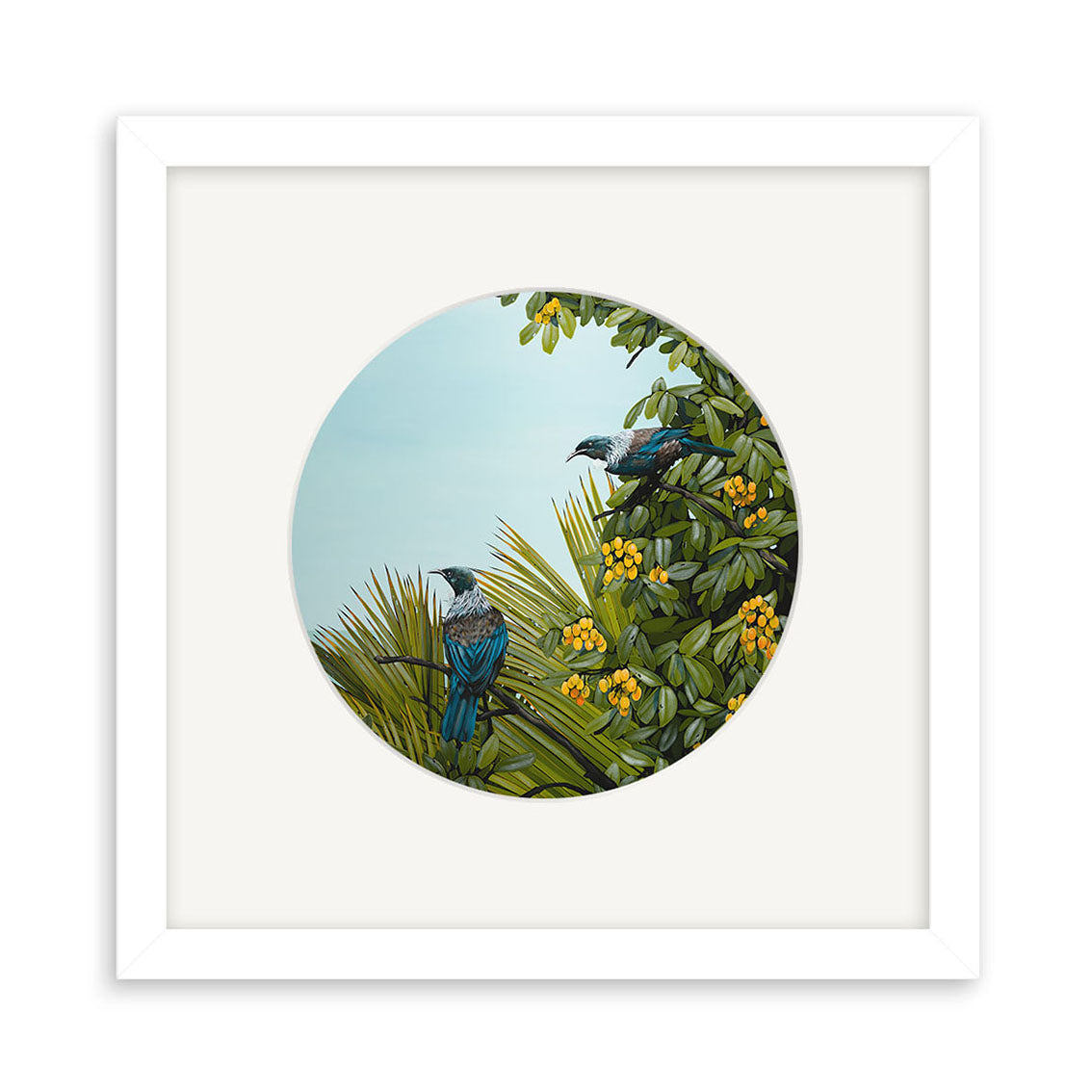 The Kirsty Nixon - Point of View Small Art Print features two tui birds on New Zealand foliage with yellow berries and a pale blue sky, beautifully framed with a white mat and frame.