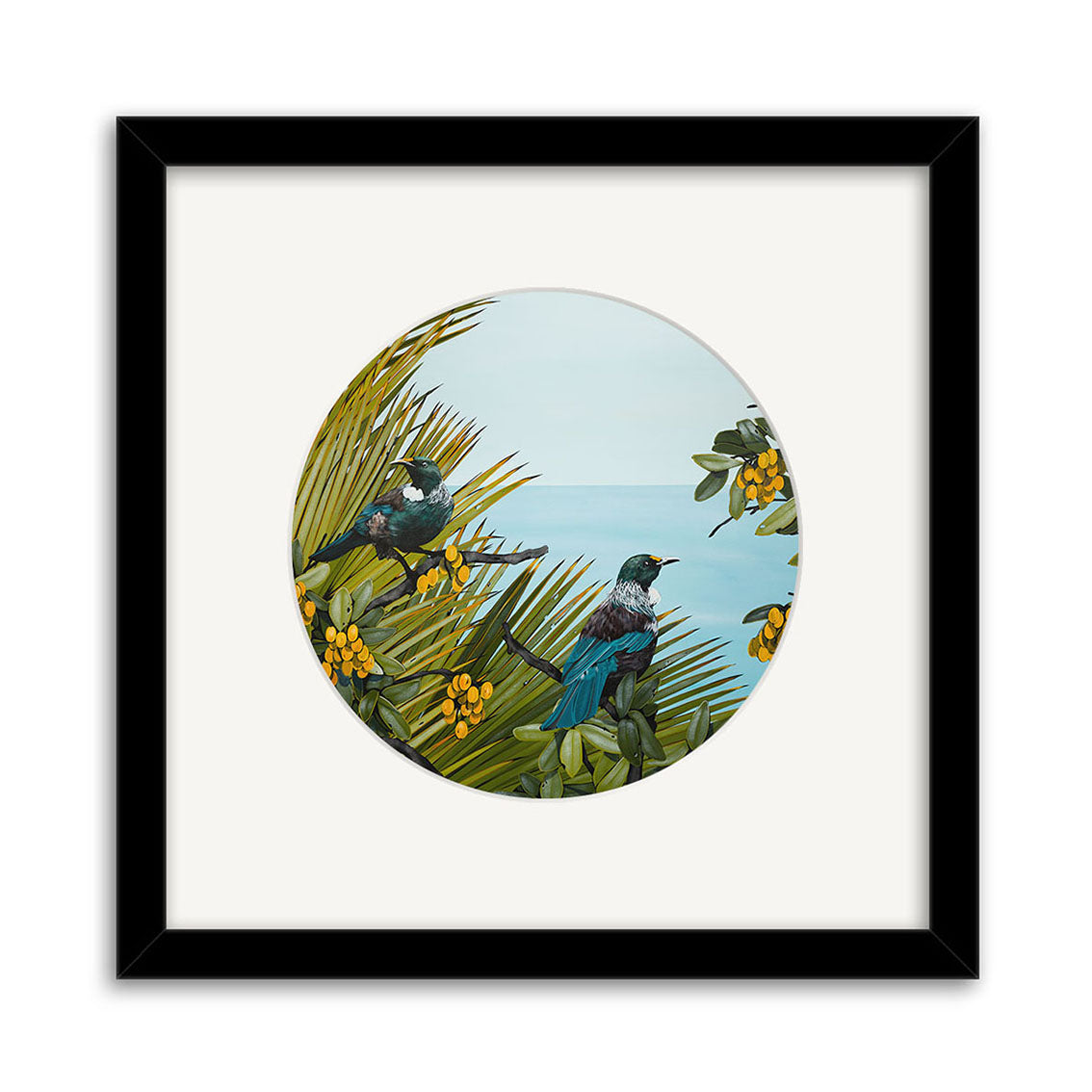 The Kirsty Nixon - Tandem Small Art Print features two birds among green leaves and yellow berries against a light blue sky, seen through a circular window in a white mat with a black frame.