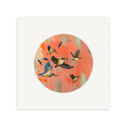 Kirsty Nixons Kings art print showcases six kingfishers in flight amid blue feathers and vibrant pink, orange, and green brushstrokes. This New Zealand-inspired design is printed on a white square canvas—perfect for brightening any space.