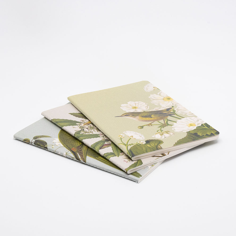 The Birds & Botanicals Notebook Set includes three quality lined notebooks with muted pastel covers featuring bird and floral illustrations, stacked on a white surface. The top notebook has a light green cover.