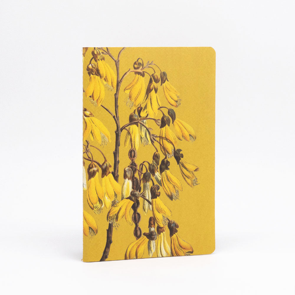 The Vintage Botanicals Notebook Set features hand-stitched notebooks with covers displaying yellow flowers and brown seed pods on a yellow background, crafted with quality paper for an exceptional writing experience.