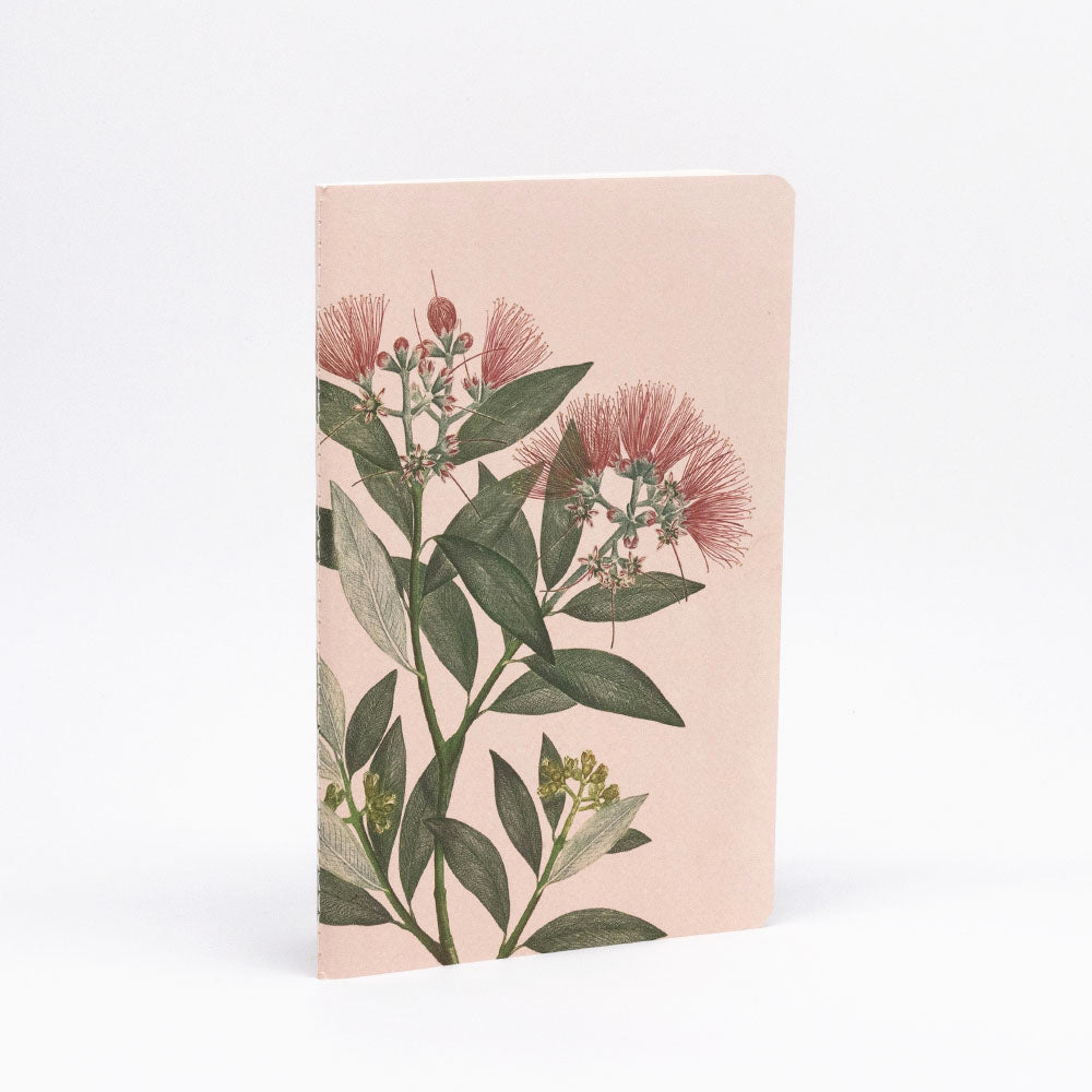 The Vintage Botanicals Notebook Set features a light pink, hand-stitched notebook with an illustrated flowering plant—green leaves and pink blossoms—displayed upright against a plain white background.
