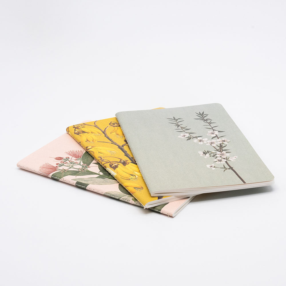 The Vintage Botanicals Notebook Set features three hand-stitched notebooks in pink, yellow, and light gray-green with unique floral covers, stacked in a fan arrangement on a white surface.