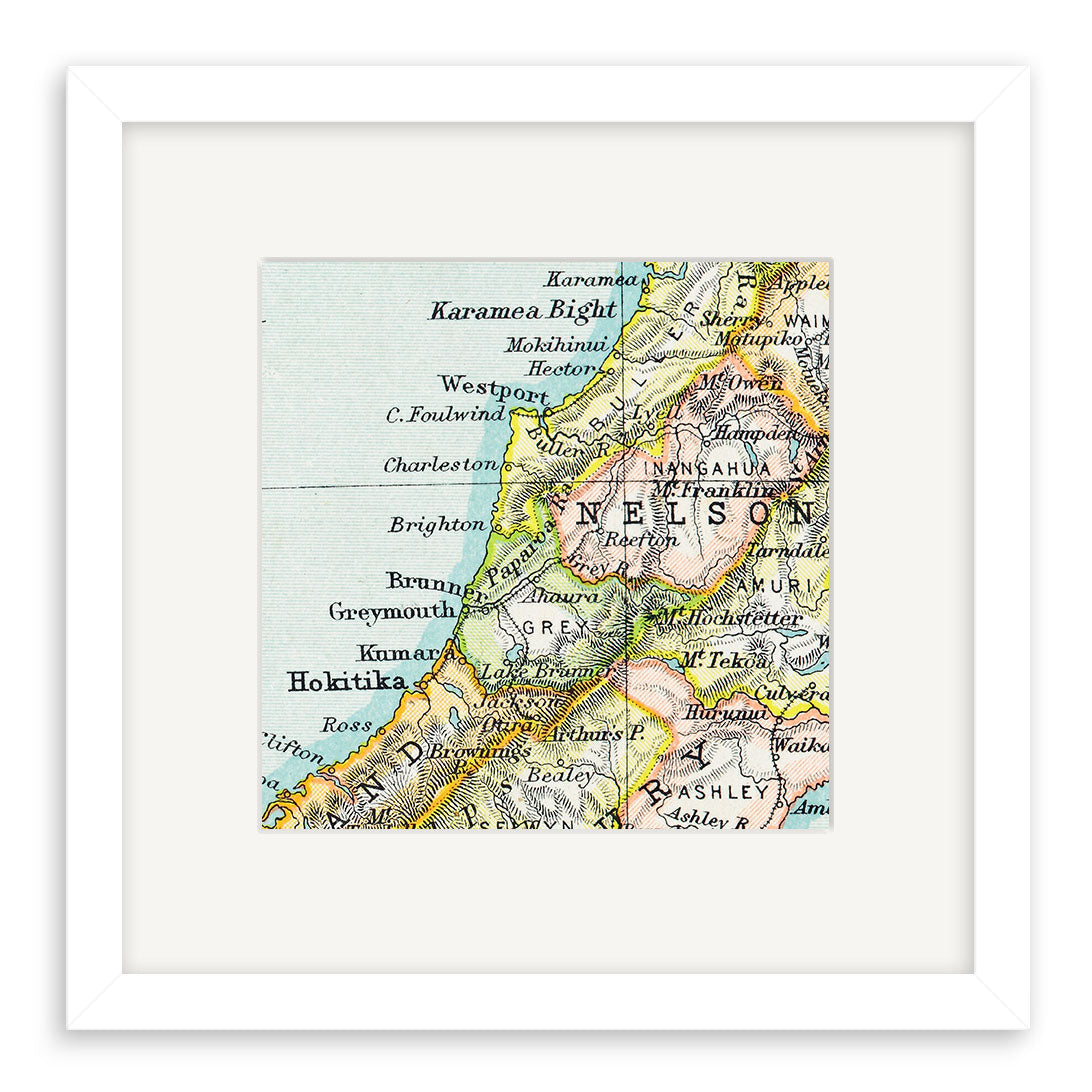 The Westport Vintage Map Print is a framed image of a 19th-century lithograph featuring New Zealand’s northern South Island, including Nelson, Greymouth, Hokitika, and Westport. Muted colors and fine text give it a classic touch.