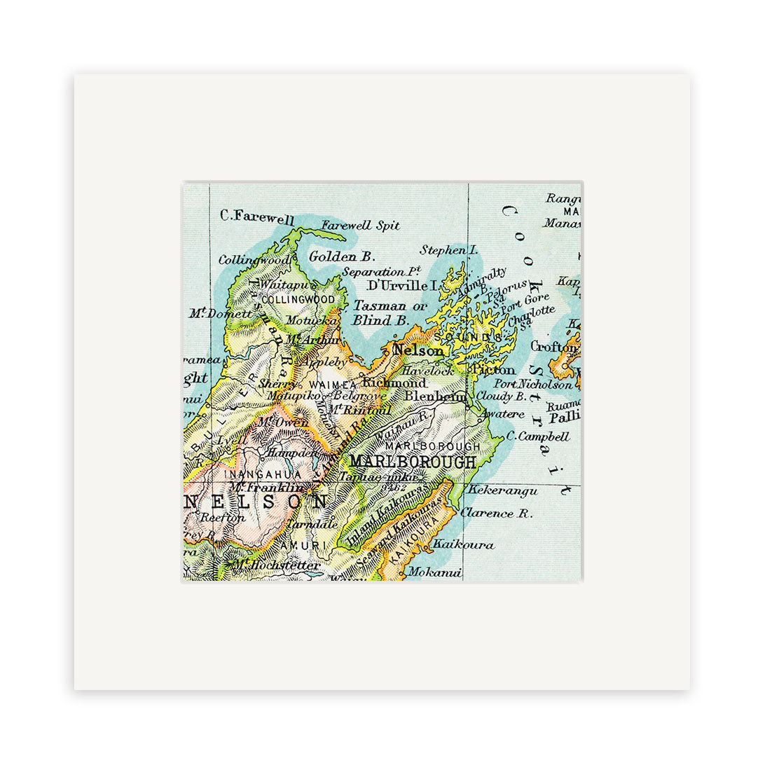The Nelson Vintage Map Print is a vintage lithograph of New Zealand’s northern South Island, showing Nelson, Marlborough, and Golden Bay with clearly labeled towns, rivers, and mountains. The map is bordered by a white margin.