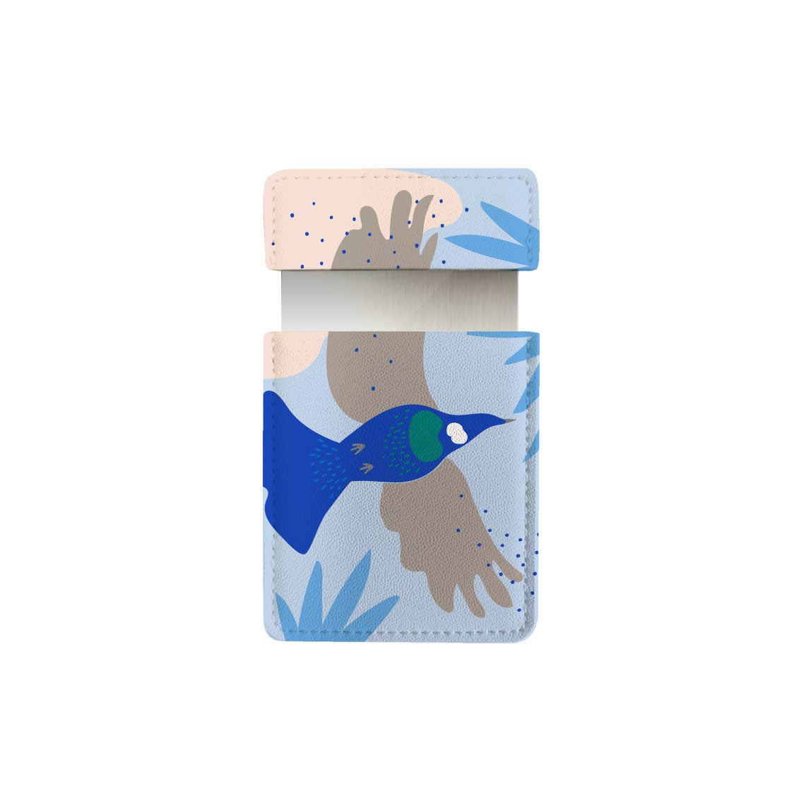 The Cut-out Tui Pocket Mirror is a rectangular, light blue vegan leather case with a flap, featuring a minimalistic bird illustration with blue-gray wings and abstract leaf and dot patterns—perfect as a stylish handbag accessory.