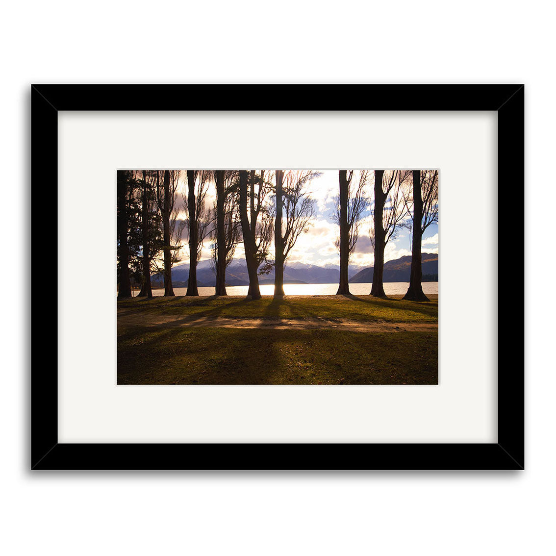 The framed print Lake Wanaka - RP067 by Reuben Price features tall, leafless trees casting long shadows on grass near a body of water, with New Zealand mountains and a dramatic sky in the background.