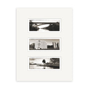The Hamilton Triptych - RP095 features three black-and-white New Zealand photos on a white mat: a bridge over water, a carved stone monument, and a waterfront scene with trees and a palm, all arranged vertically.